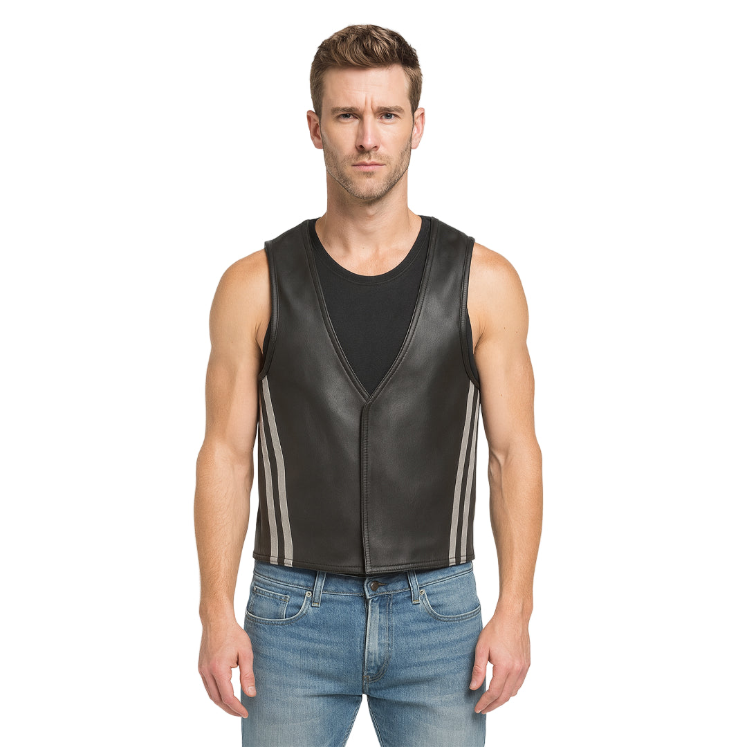 Men's Real Cowhide Leather Bartender Vest with Side Stripes – Front Open Design