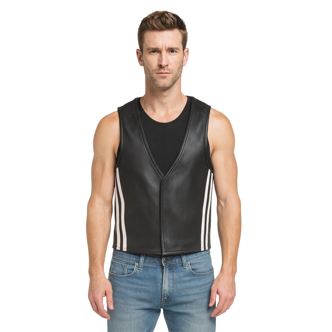 Men's Real Cowhide Leather Bartender Vest with Side Stripes – Front Open Design