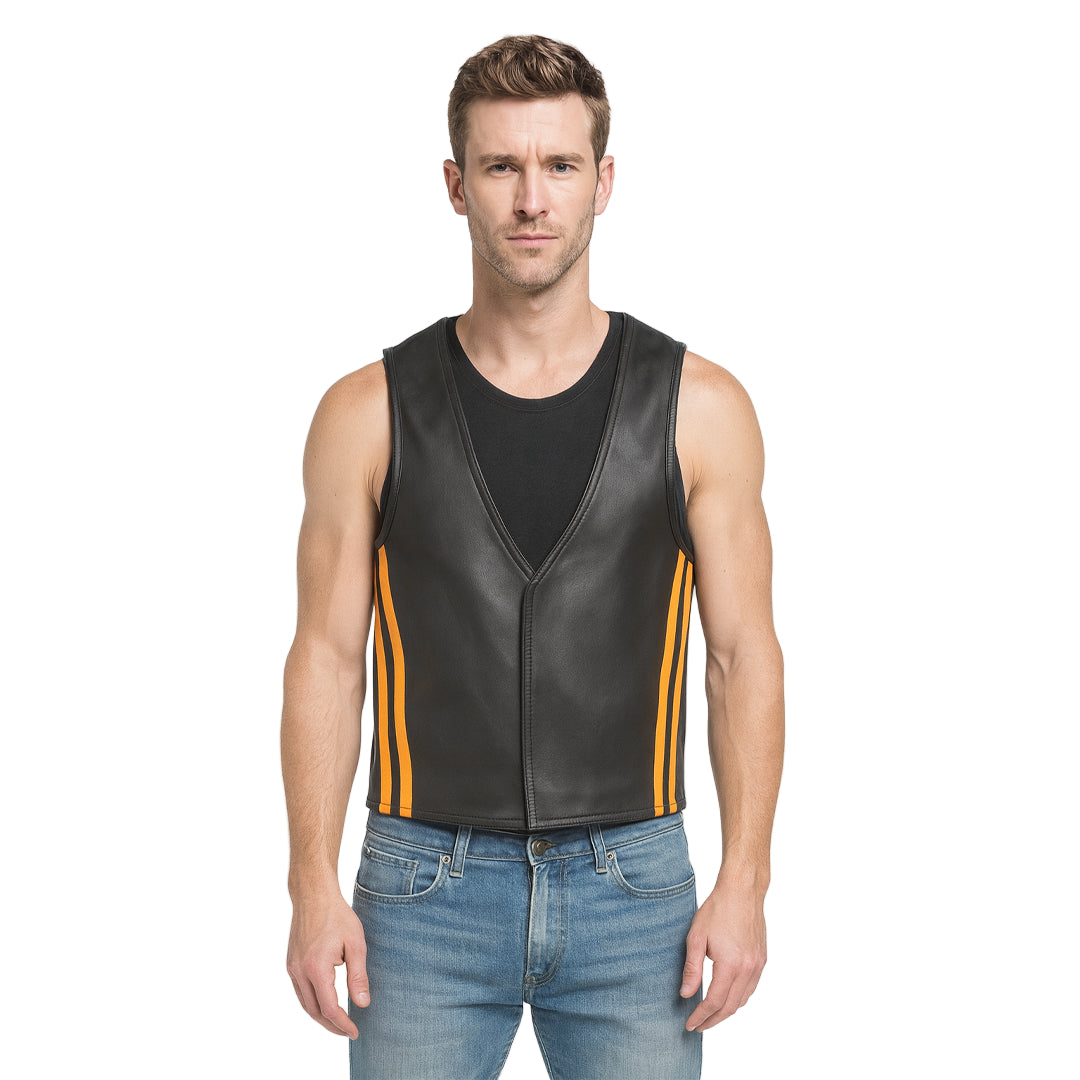 Men's Real Cowhide Leather Bartender Vest with Side Stripes – Front Open Design