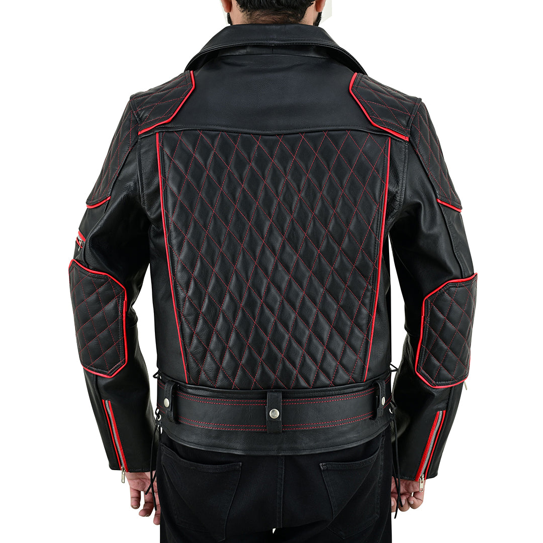 Men’s Brando-Style Cowhide Leather Biker Jacket with Quilted Detailing & Red Highlights