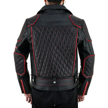Men’s Brando-Style Cowhide Leather Biker Jacket with Quilted Detailing & Red Highlights