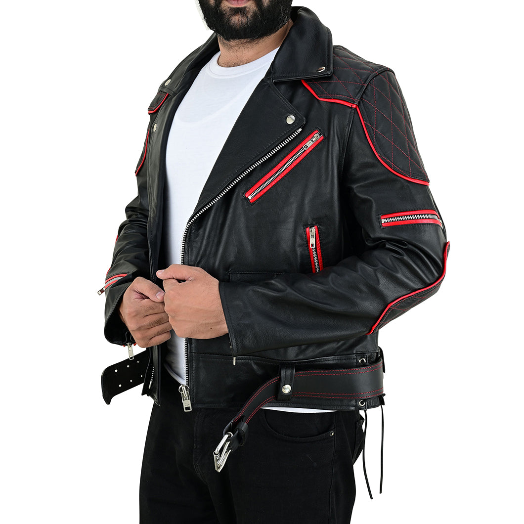 Men’s Brando-Style Cowhide Leather Biker Jacket with Quilted Detailing & Red Highlights