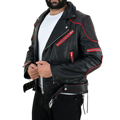 Men’s Brando-Style Cowhide Leather Biker Jacket with Quilted Detailing & Red Highlights