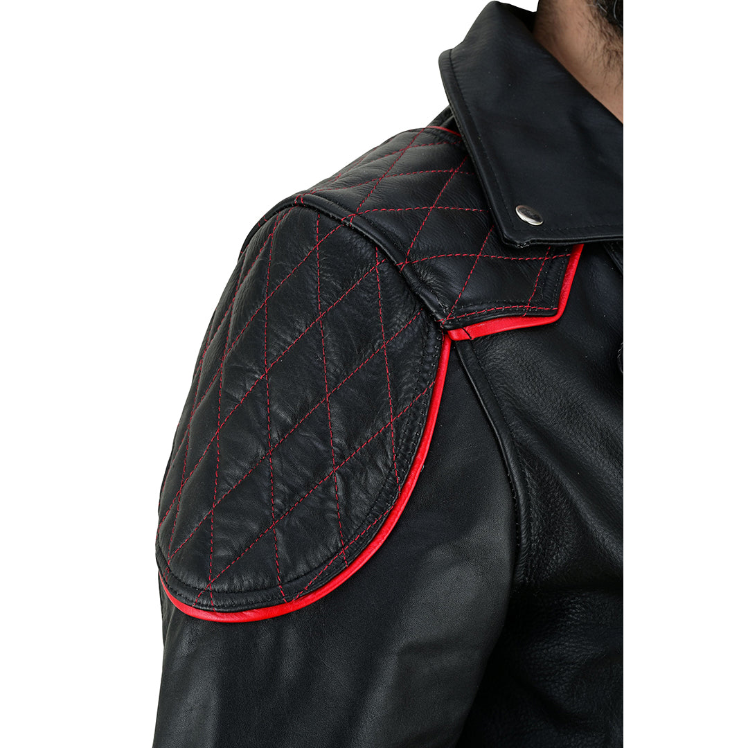 Men’s Brando-Style Cowhide Leather Biker Jacket with Quilted Detailing & Red Highlights