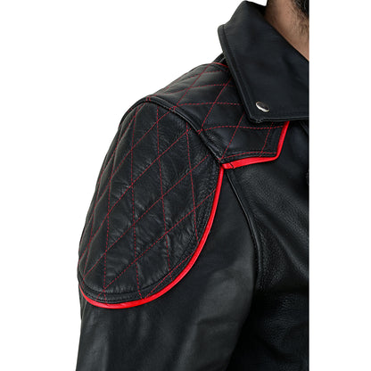 Men’s Brando-Style Cowhide Leather Biker Jacket with Quilted Detailing & Red Highlights