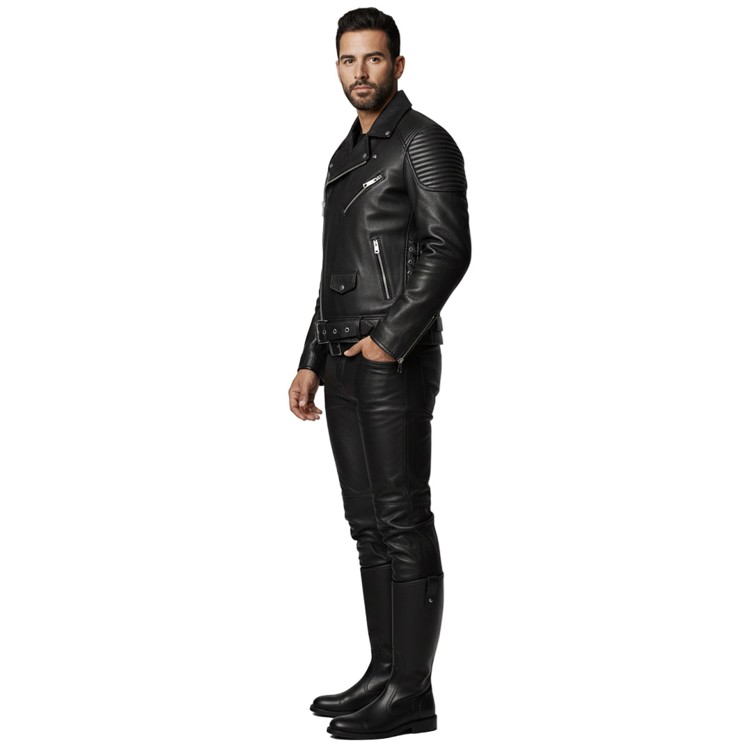 Men’s Cowhide Leather Biker Jacket with Quilted Panels