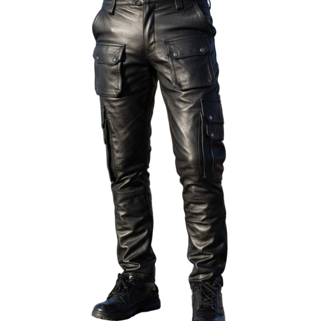 Men’s Cowhide Leather Cargo Biker Pants – Heavy-Duty Motorcycle Gear