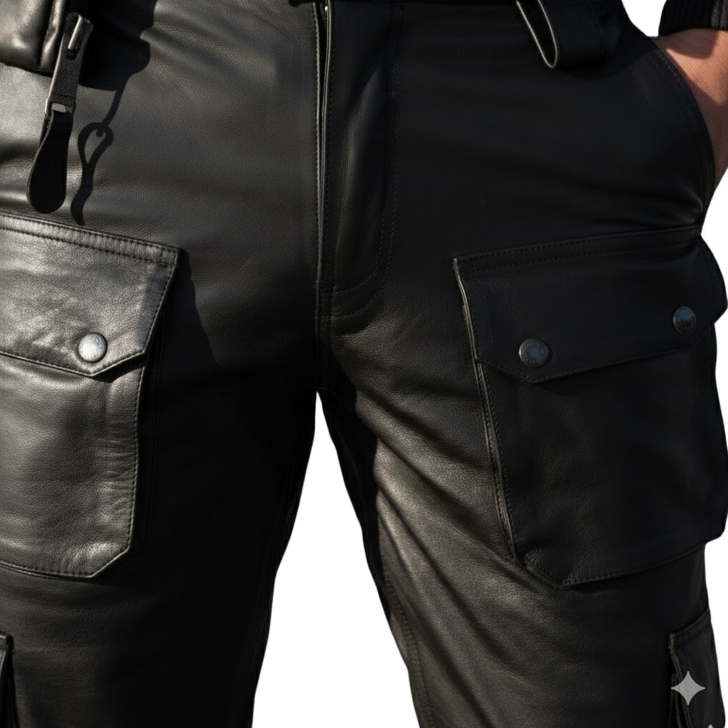 Men’s Cowhide Leather Cargo Biker Pants – Heavy-Duty Motorcycle Gear