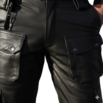 Men’s Cowhide Leather Cargo Biker Pants – Heavy-Duty Motorcycle Gear