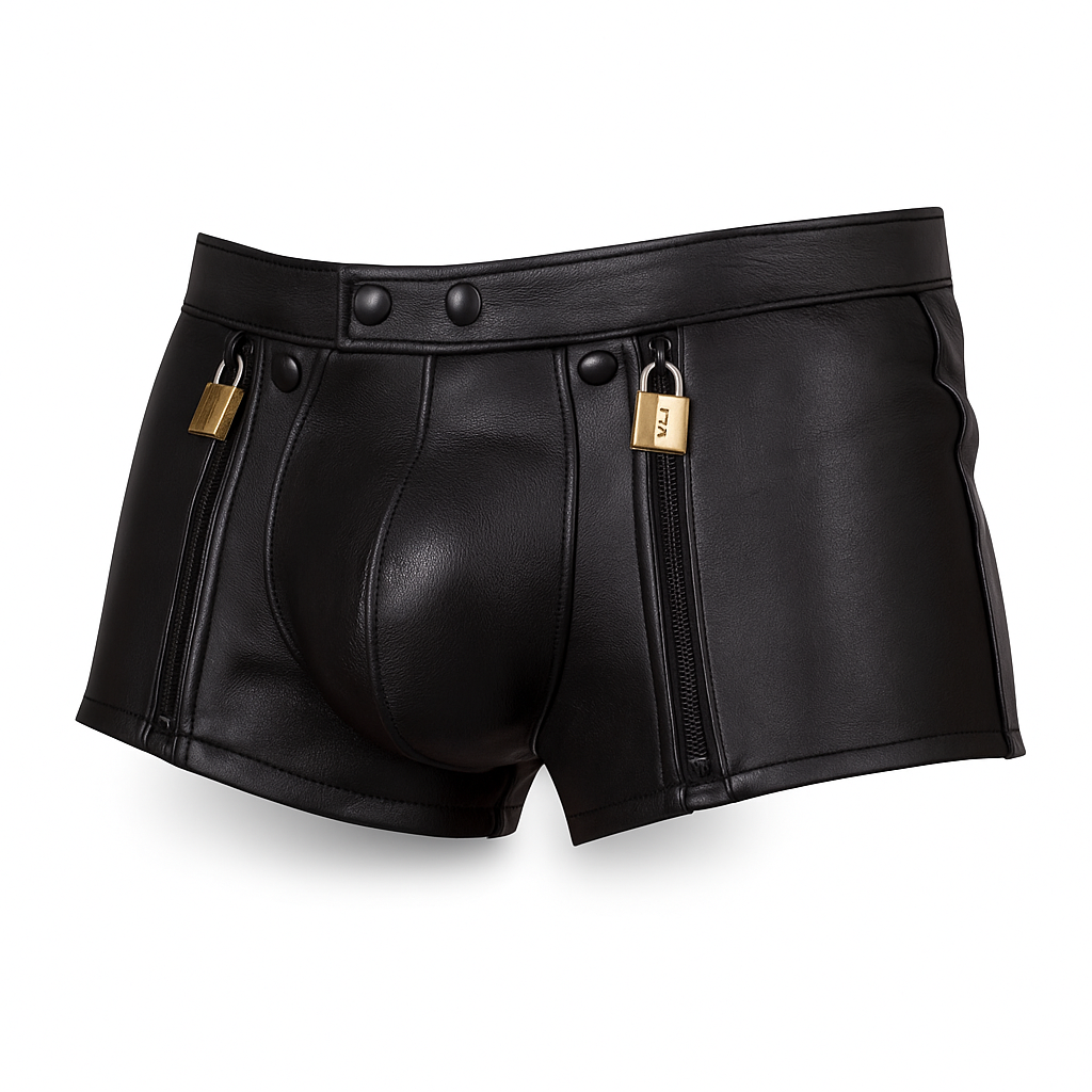 Men’s Leather Chastity Shorts with Lock System – Free Padlocks