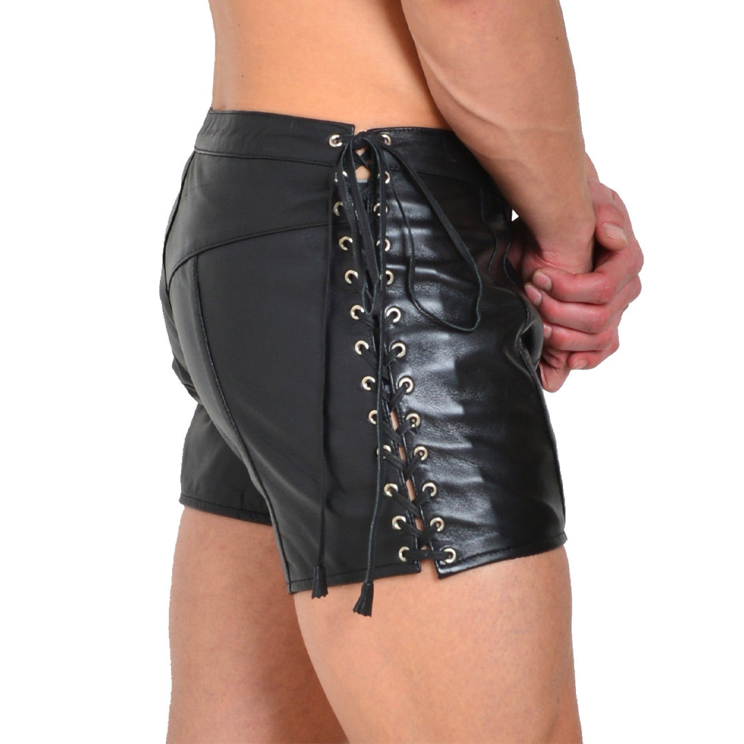 Men’s Cowhide Leather Lace-Up Shorts with Side Laces & Elastic Waist