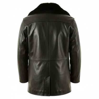 Men’s Real Leather Pea Coat with Detachable Fur Collar – Long Cowhide Jacket
