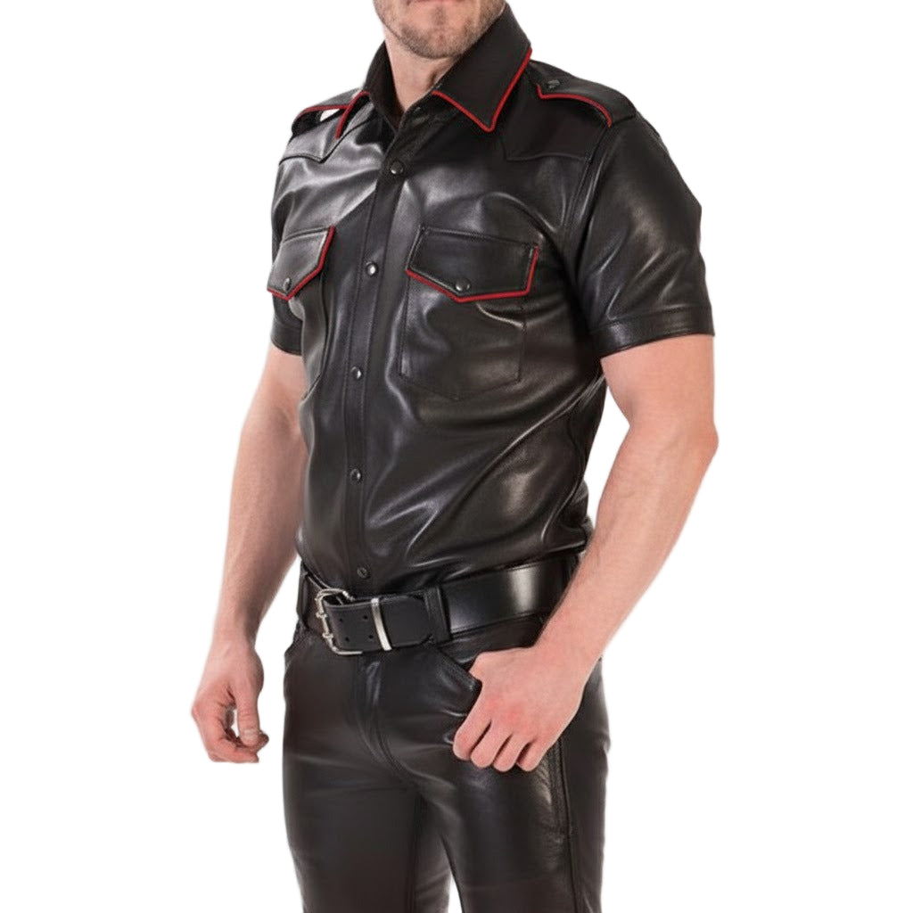 Men’s Real Lamb Leather Police Shirt with Short Sleeves & Tri-Color Piping