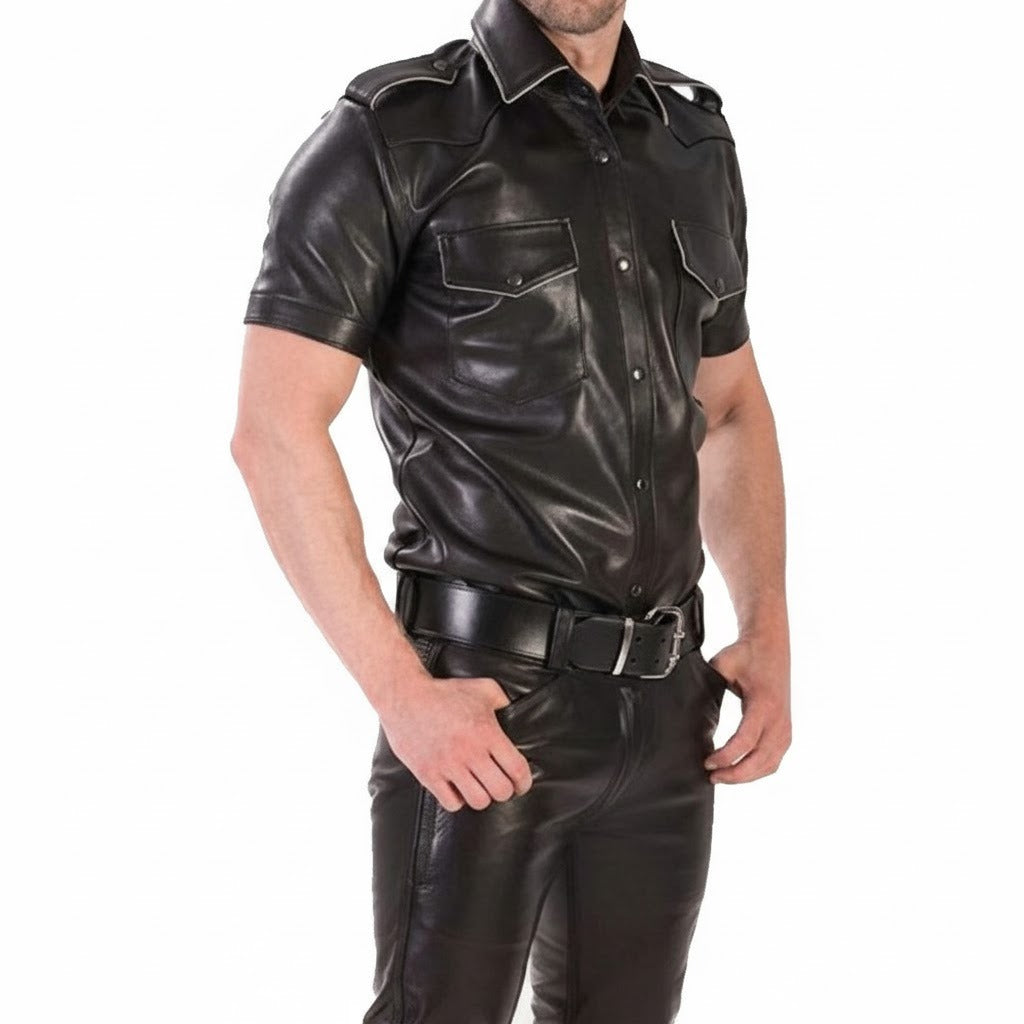 Men’s Real Lamb Leather Police Shirt with Short Sleeves & Tri-Color Piping