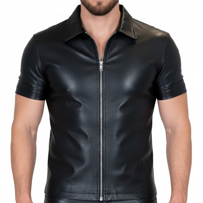 Men’s Real Leather Short Sleeve Zip-Up Shirt – Clubwear Style
