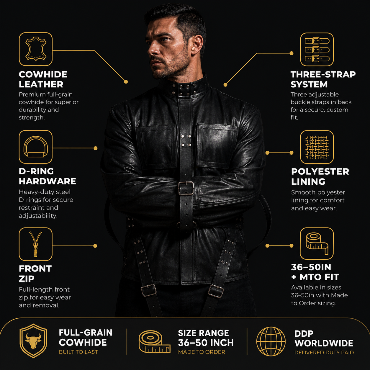 Mens leather bondage straitjacket infographic base image highlighting hardware and strap features