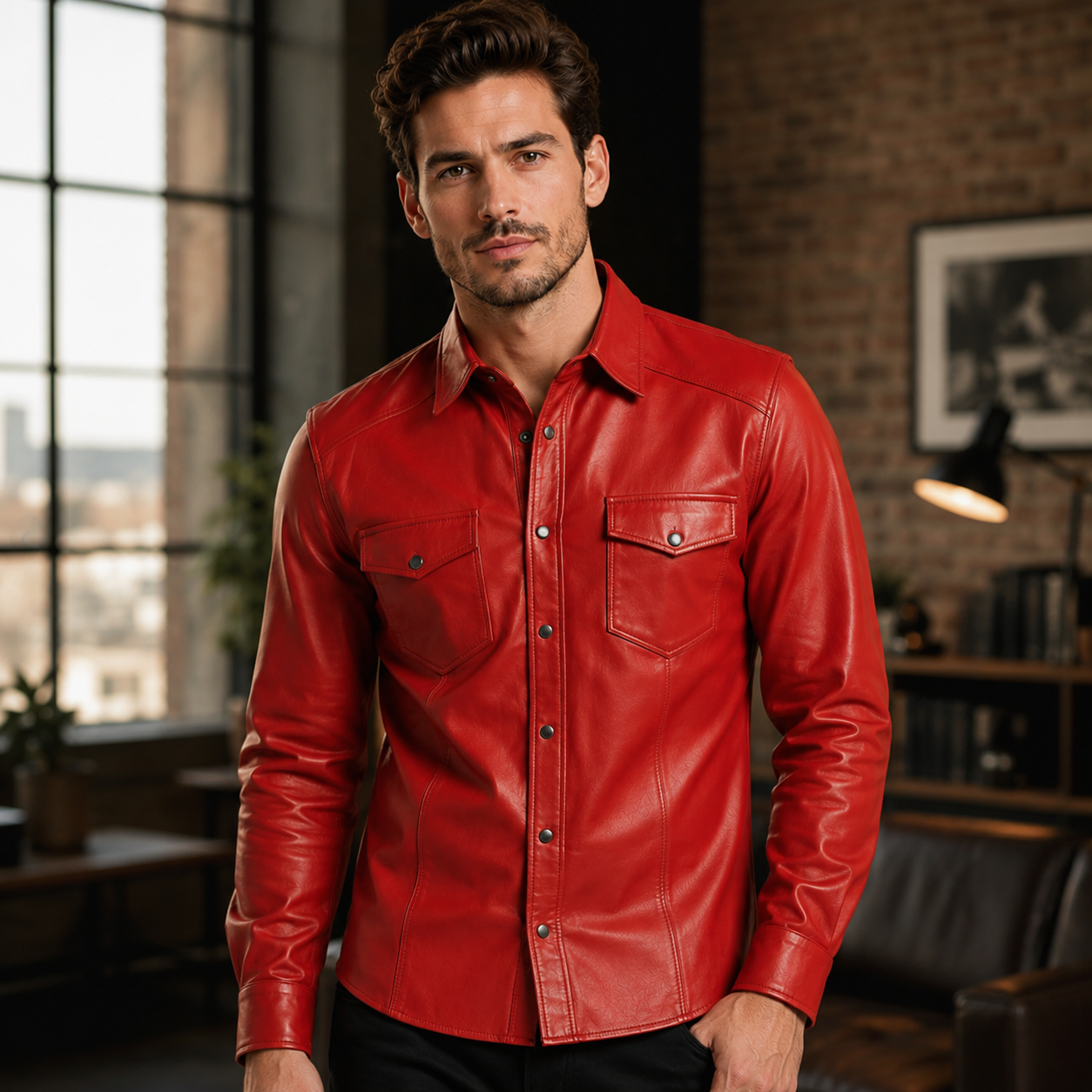 Mens slim leather shirt in red lambskin, studio front view