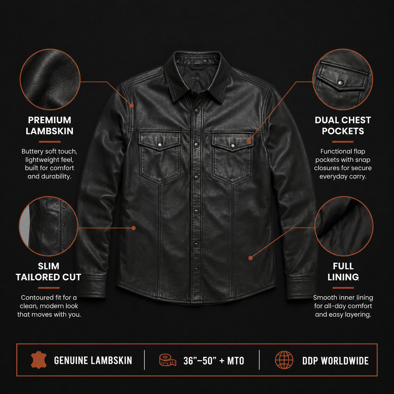 Mens slim leather shirt infographic base image showing construction details