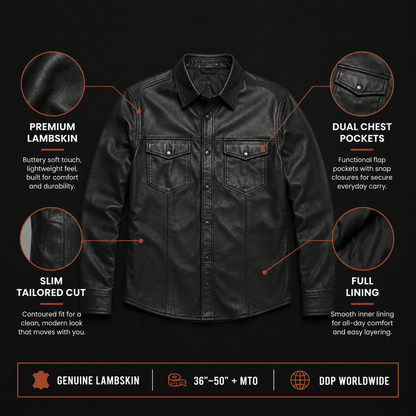 Mens slim leather shirt infographic base image showing construction details