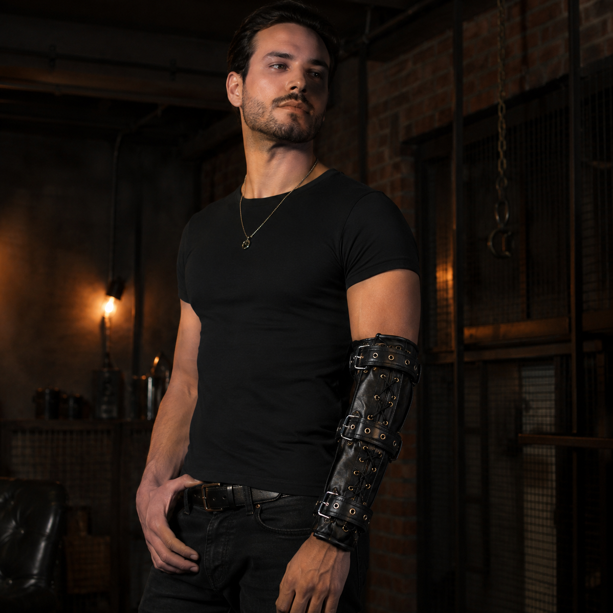 Model wearing genuine leather arm binder restraint in moody industrial loft setting.
