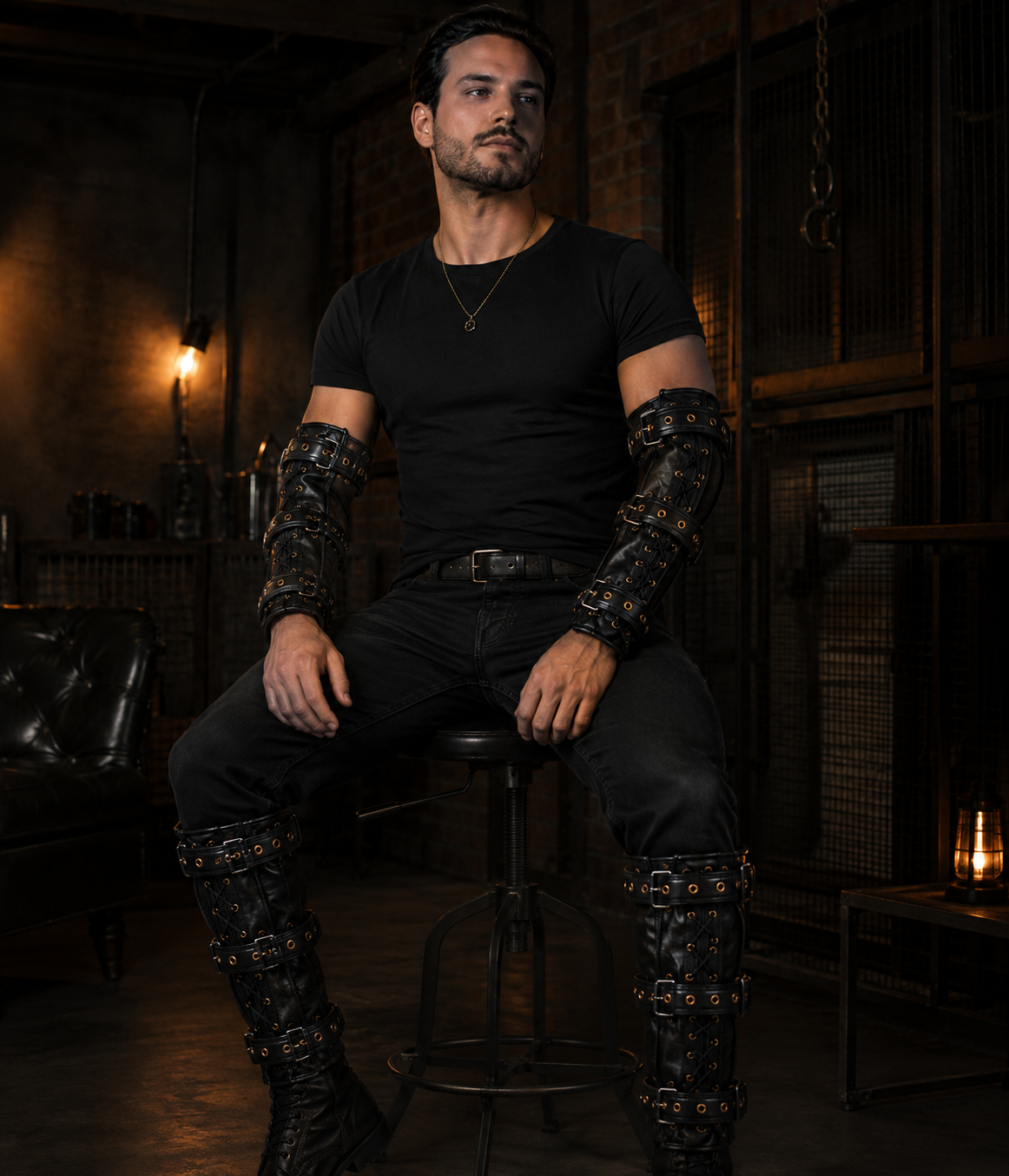 Model wearing genuine leather arm binder restraint in moody industrial loft setting."