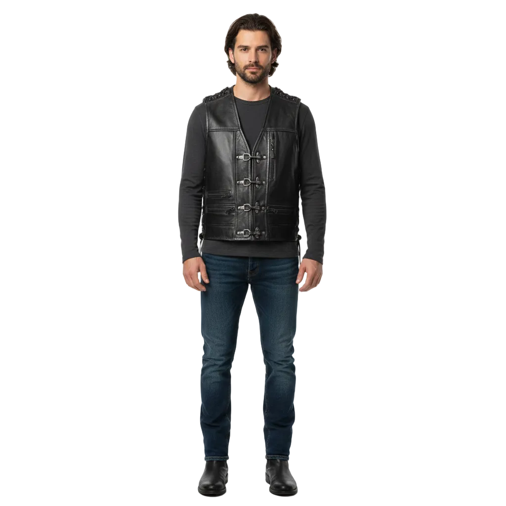 Men’s Waxed Cowhide Leather Biker Vest – Vintage Motorcycle Style