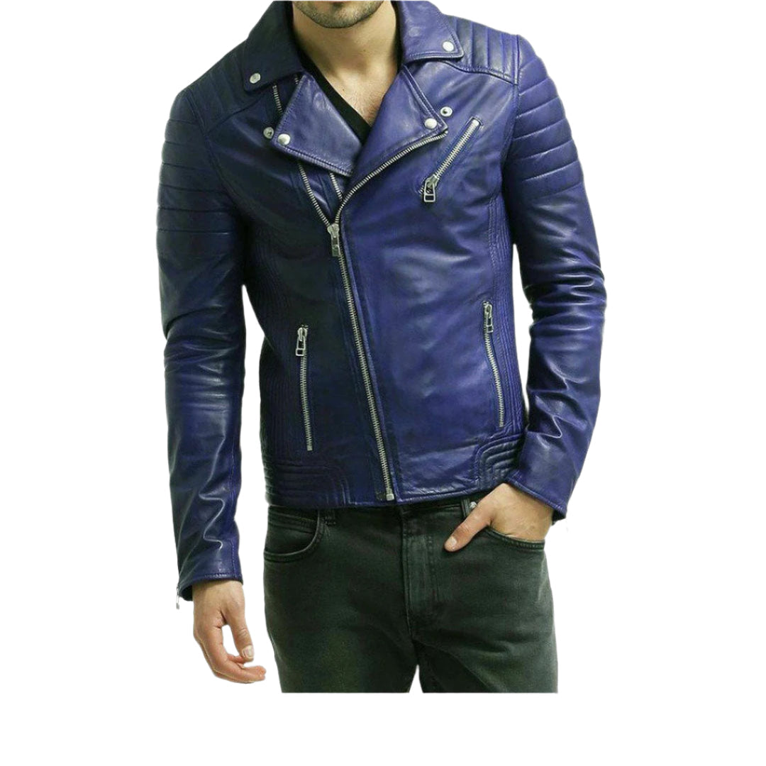 Men’s Natural Grain Cowhide Motor Bikers Leather Quilted Panels Jacket