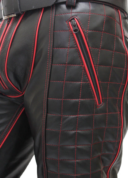 Men's Cowhide Leather Biker Pants with Quilted Panels & Piping