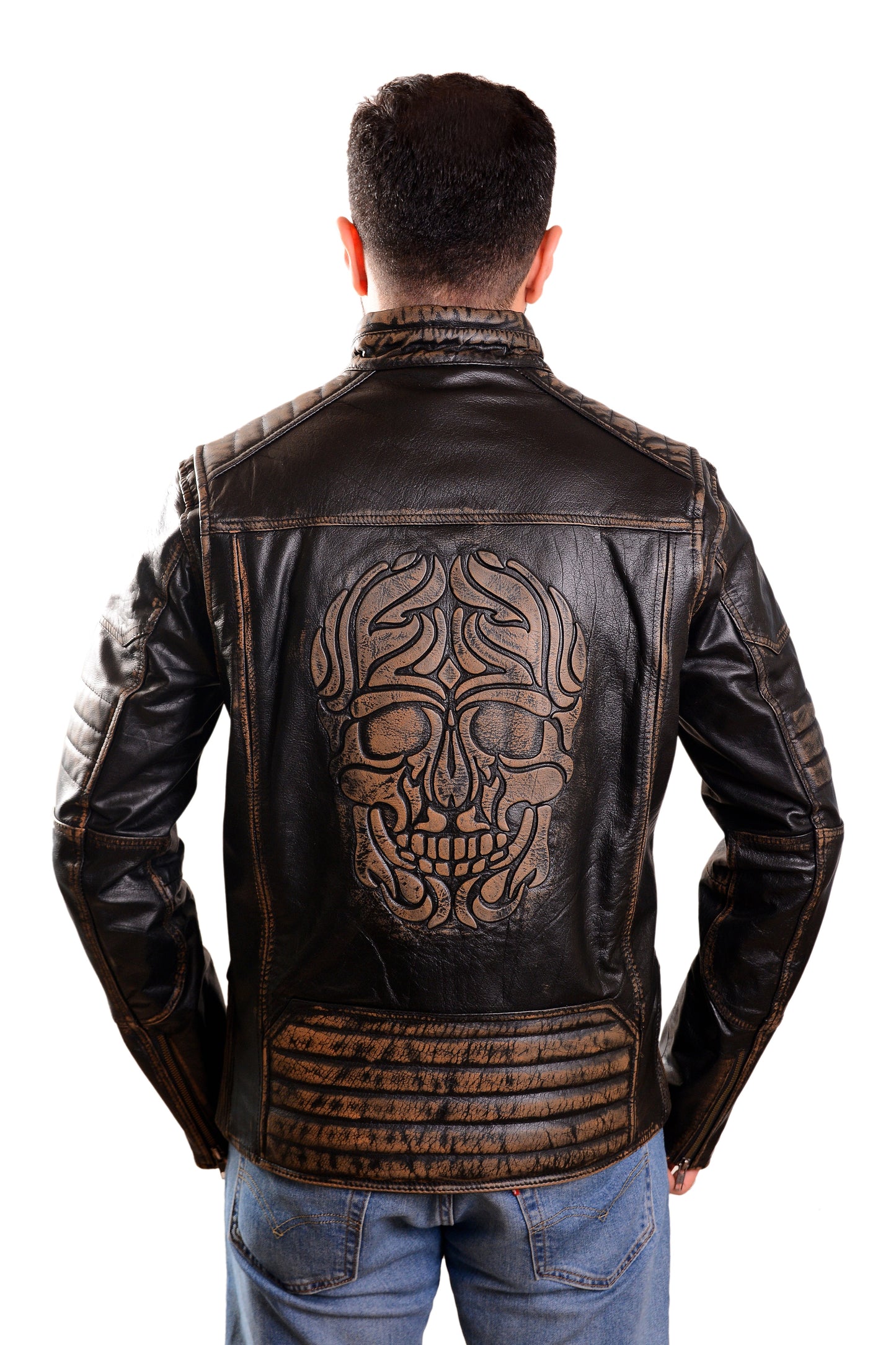 Men's Distressed Leather Biker Jacket with Quilted Panels & Embossed Skull