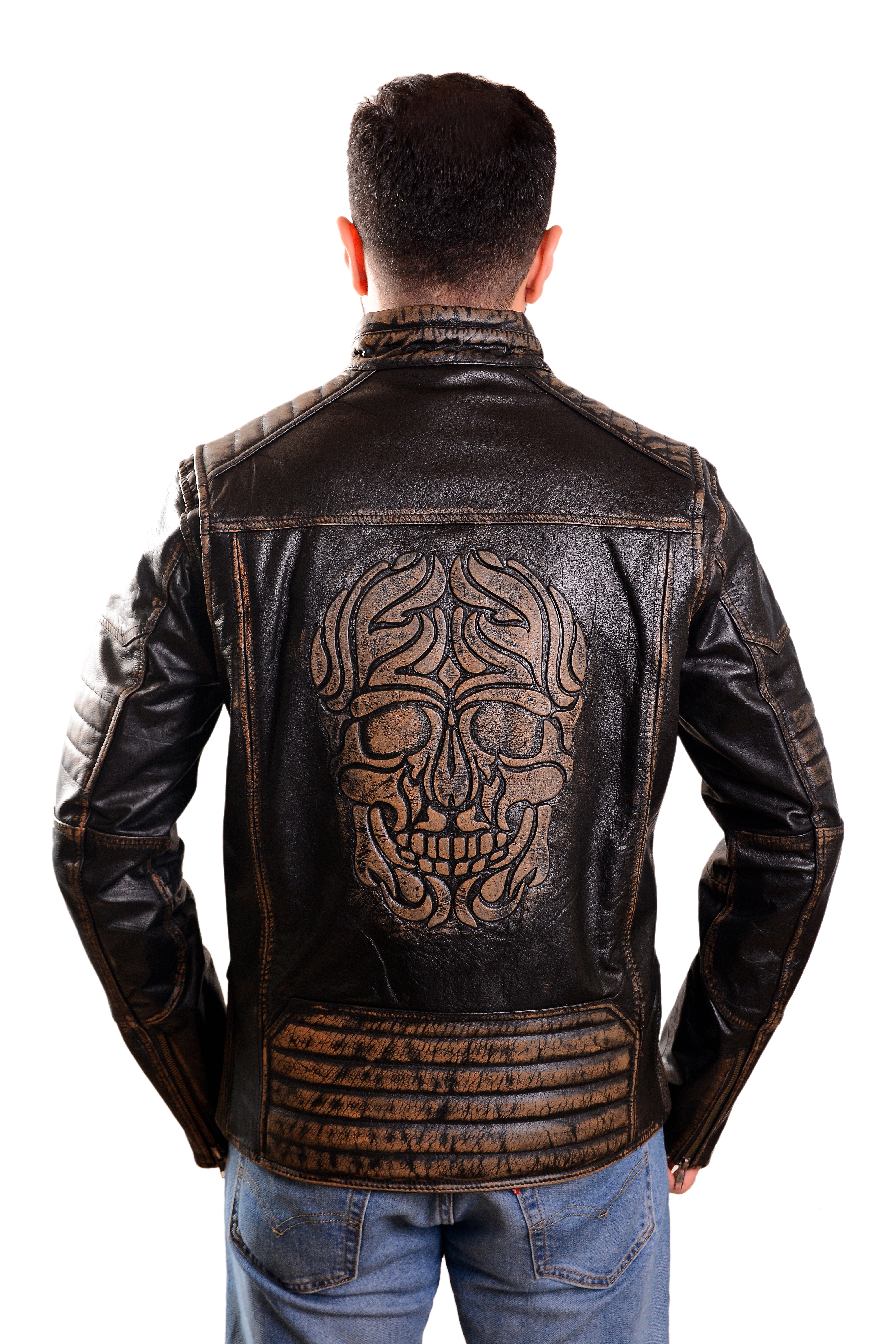 Men's Distressed Leather Biker Jacket with Quilted Panels & Embossed Skull