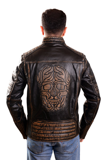 Men's Distressed Leather Biker Jacket with Quilted Panels & Embossed Skull