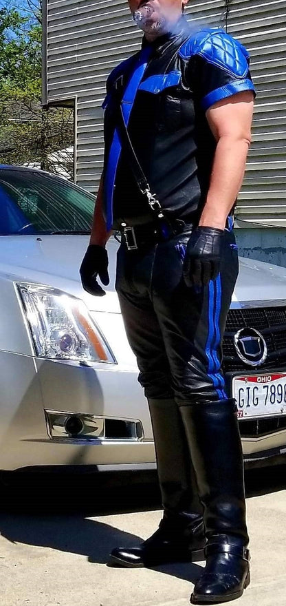 Men's Real Leather Police Shirt & Quilted Pants Set – R. Blue & Black