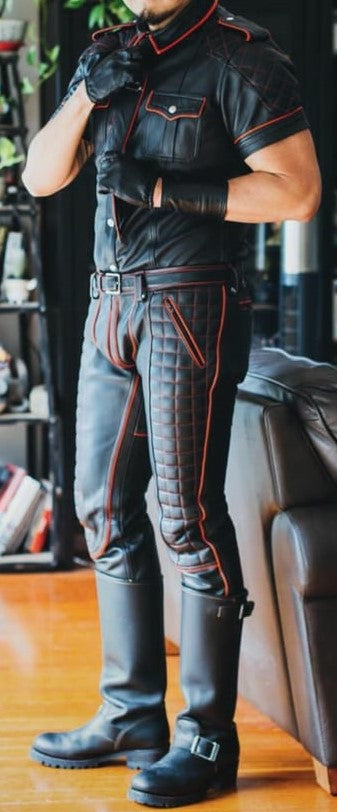 Men’s Quilted Leather Pants & Red Piped Police Shirt – Fetish Uniform Set