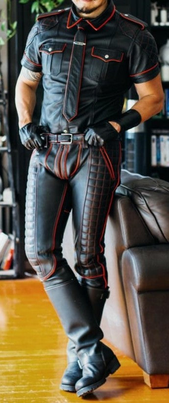 Men’s Quilted Leather Pants & Red Piped Police Shirt – Fetish Uniform Set