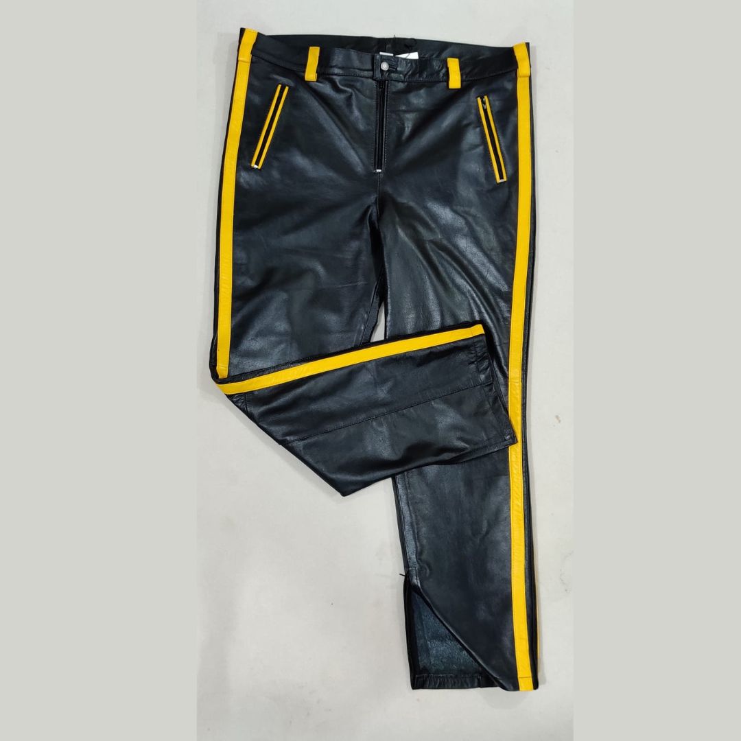Men's Cowhide Leather Biker Pants with Colored Stripes & Piping