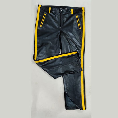 Men's Cowhide Leather Biker Pants with Colored Stripes & Piping