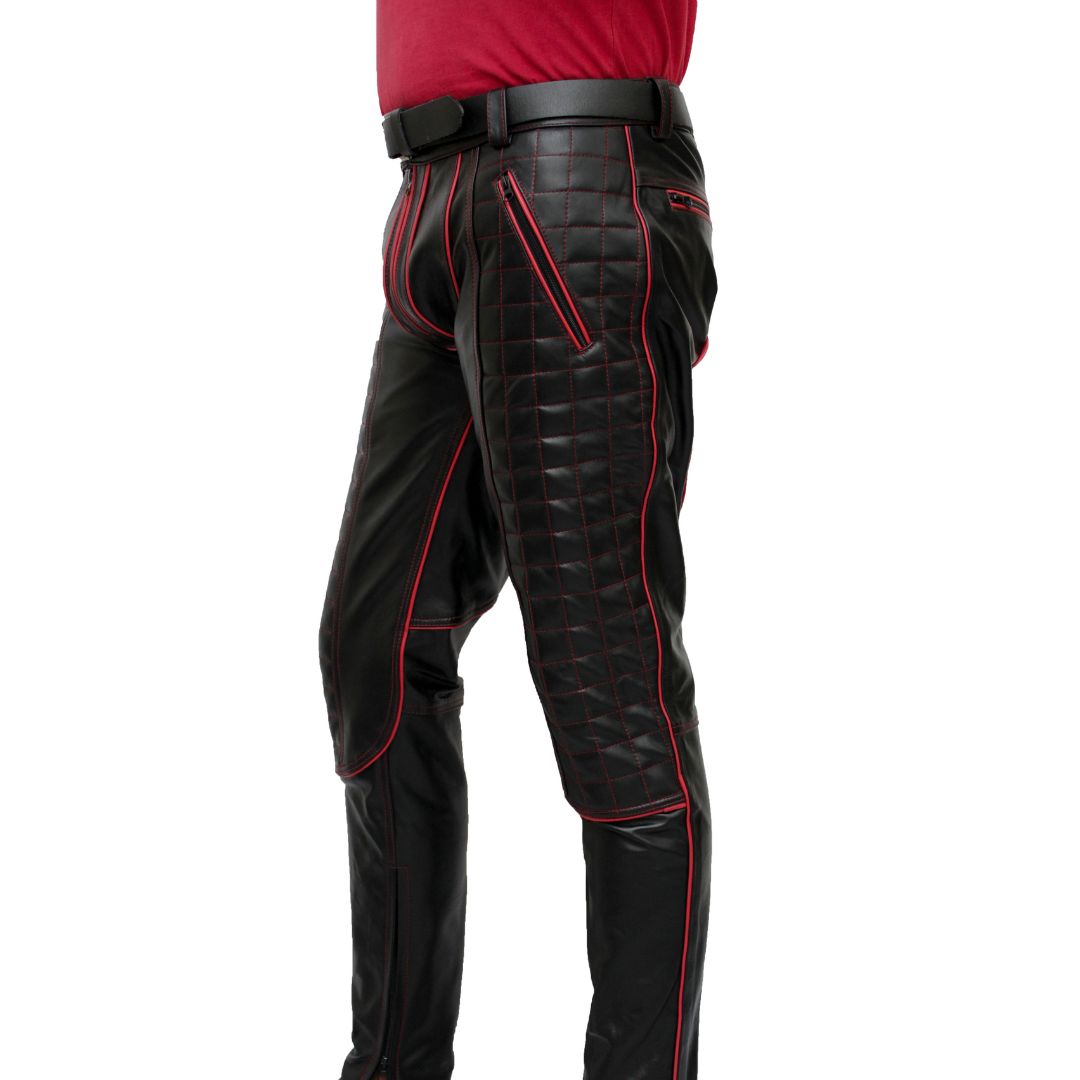 Men's Cowhide Leather Biker Pants with Quilted Panels & Piping