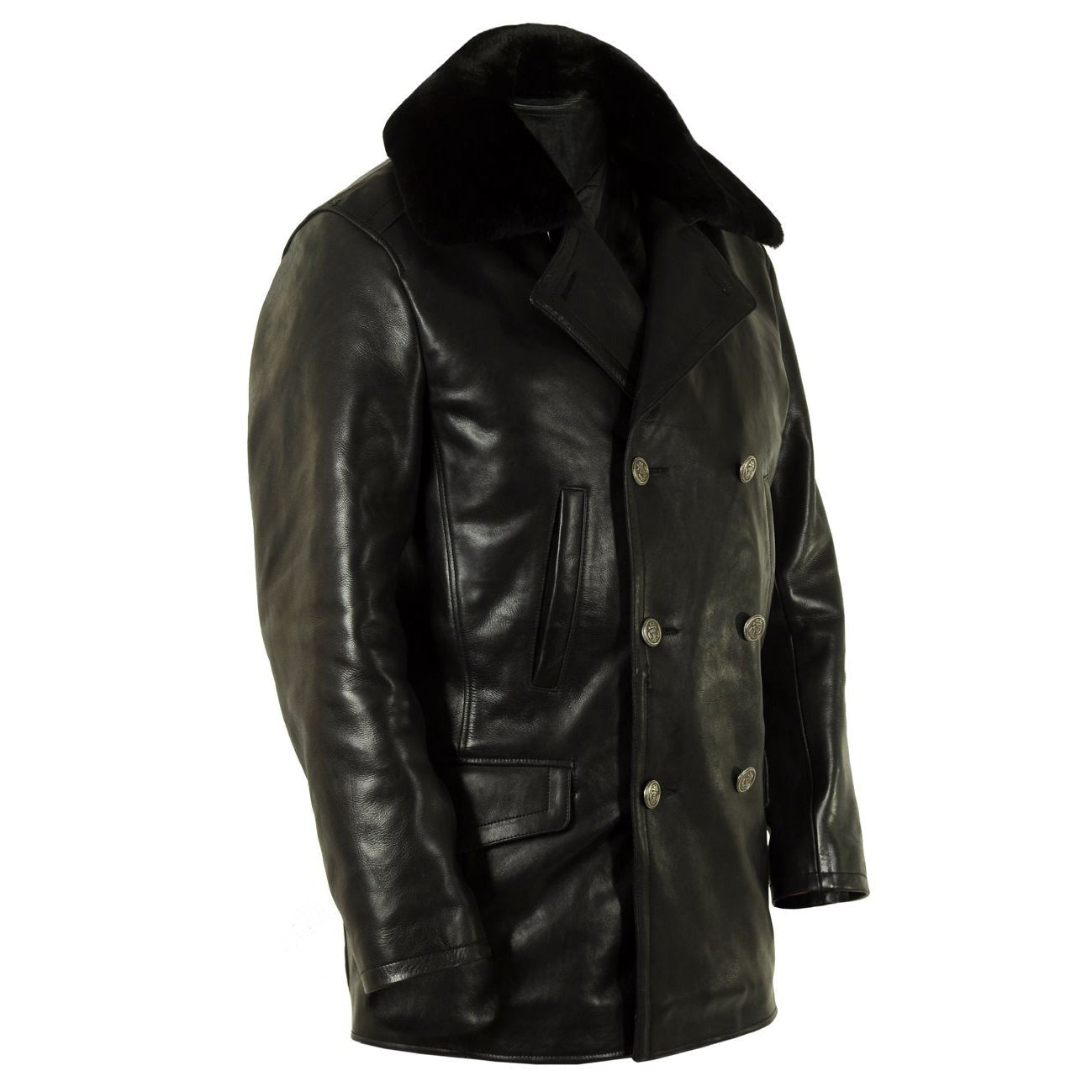 Men’s Real Leather Pea Coat with Detachable Fur Collar – Long Cowhide Jacket