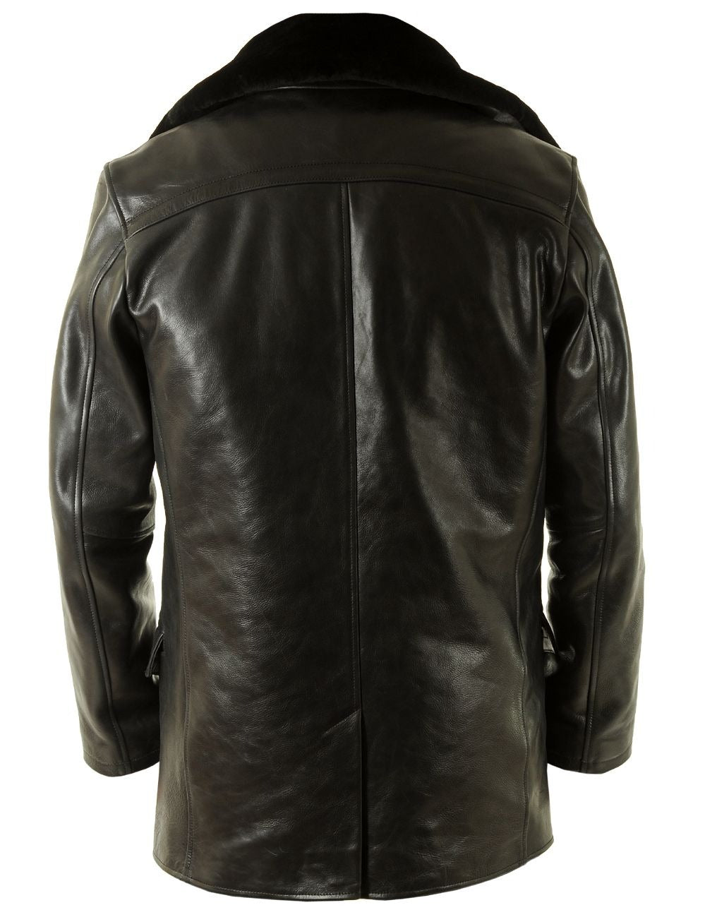 Men’s Real Leather Pea Coat with Detachable Fur Collar – Long Cowhide Jacket