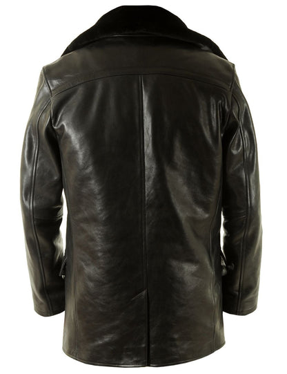 Men’s Real Leather Pea Coat with Detachable Fur Collar – Long Cowhide Jacket