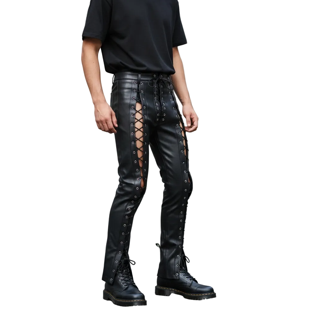 Men’s Slim Fit Cow Leather Pants with Lace‑Up Front Panels