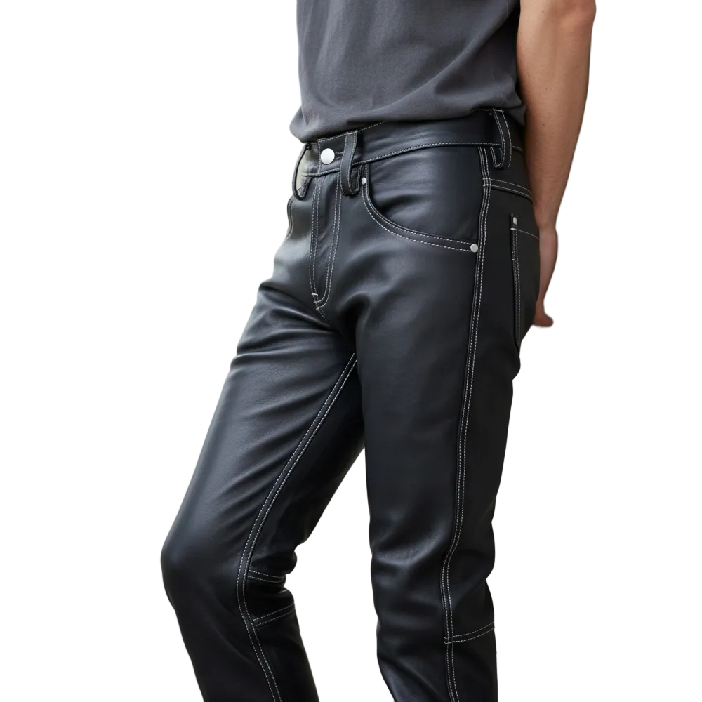 Men’s Black Cow Leather Slim Fit 5 Pocket Pants