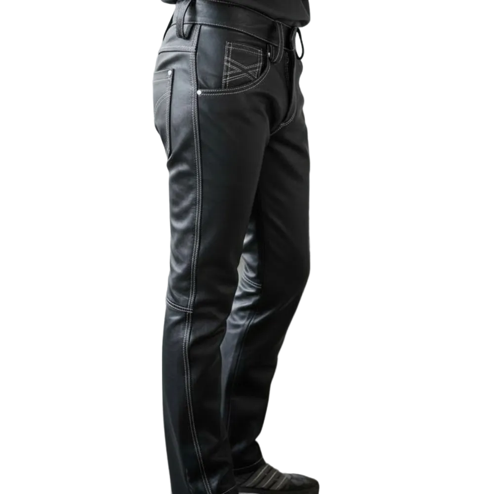 Men’s Black Cow Leather Slim Fit 5 Pocket Pants