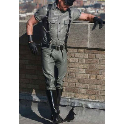 Men’s Grey Leather Outfit – BLUF Police Shirt & Carpenter Pants Set