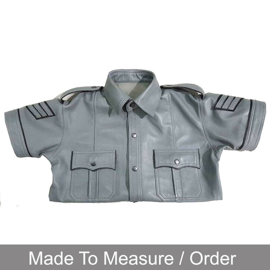 Men’s Grey Leather Police Shirt – Short Sleeve with Black Piping