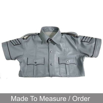Men’s Grey Leather Police Shirt – Short Sleeve with Black Piping