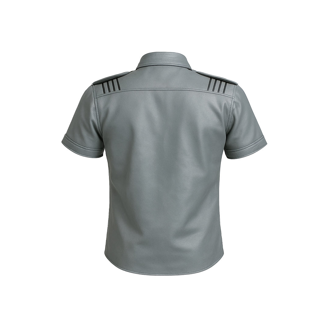 Men’s Grey Leather Police Shirt – Short Sleeve with Black Piping