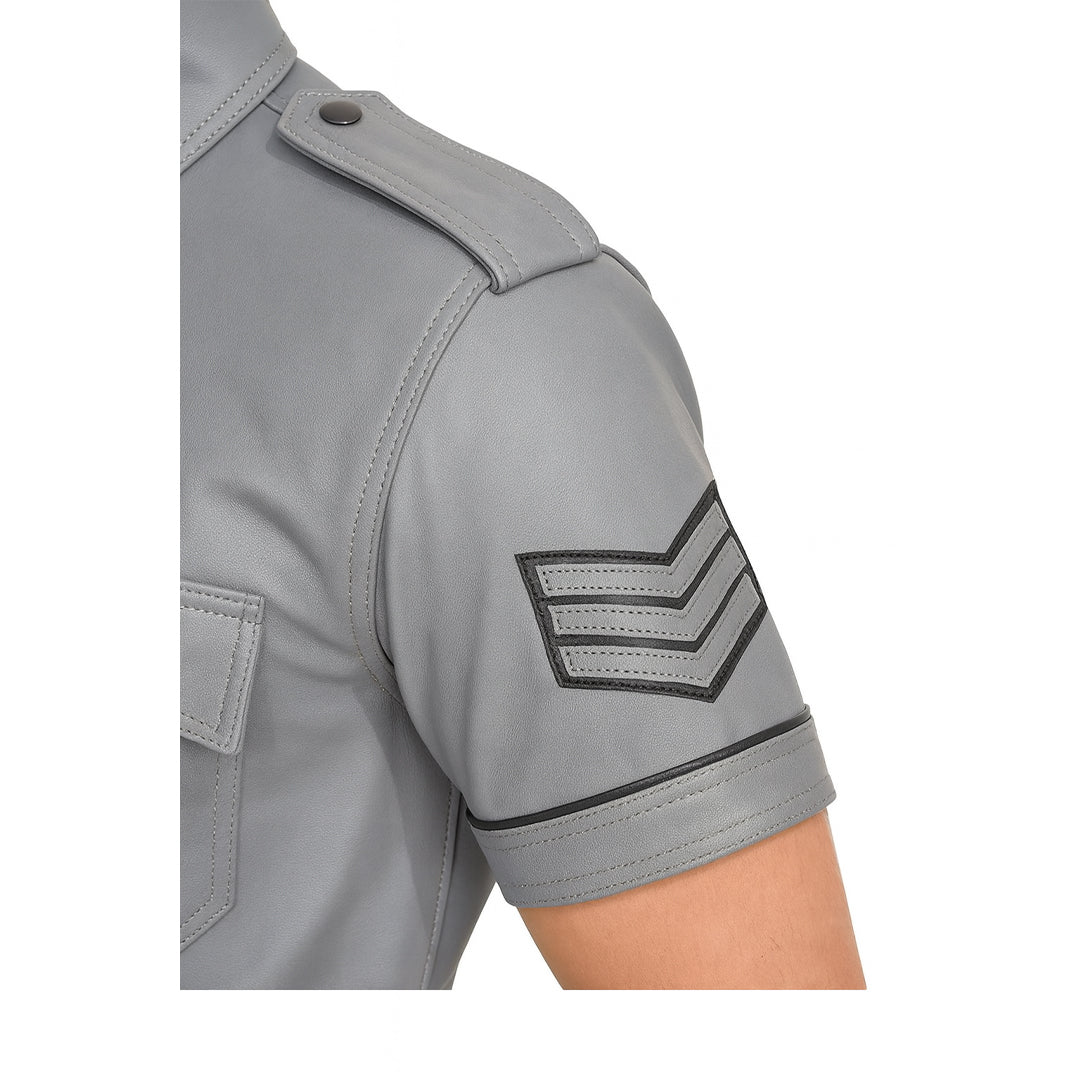 Men’s Grey Leather Police Shirt – Short Sleeve with Black Piping