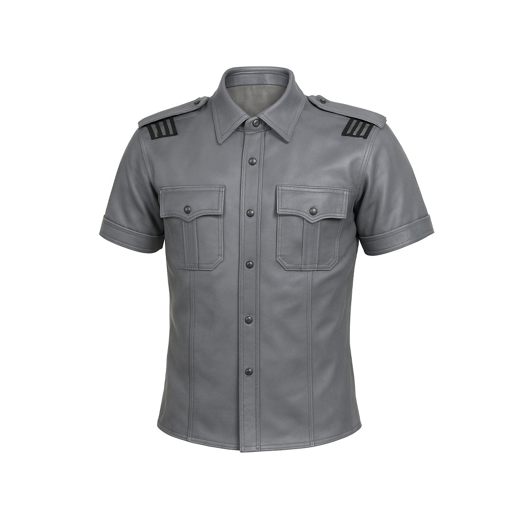 Men’s Grey Leather Police Shirt – Short Sleeve with Black Piping
