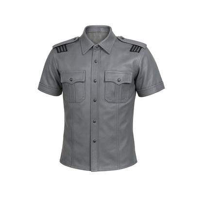 Men’s Grey Leather Police Shirt – Short Sleeve with Black Piping
